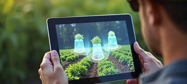 a man holding a tablet computer with a tablet screen displaying a picture of a plant