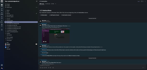 Zoomed-out screenshot of Slack workspace showing the sidebar and #1-instructions channel opened.