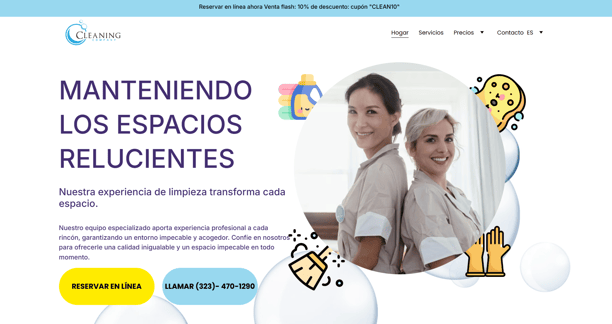 Sitio web de servicios de limpieza profesional con listados claros y reservas fáciles.