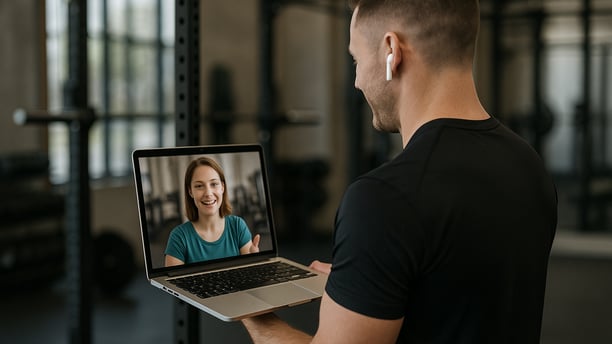 Personal trainer coach calling an online fitness client