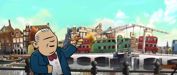 a cartoonish looking man in a suit and bow tie
