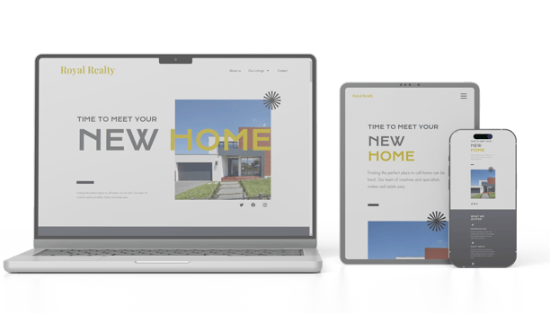 A Laptop, Tablet and a phone lined up. all displaying the Royal Realty website