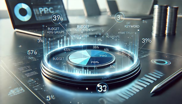 Dashboard holográfico mostrando el análisis de una campaña de publicidad PPC en Amazon