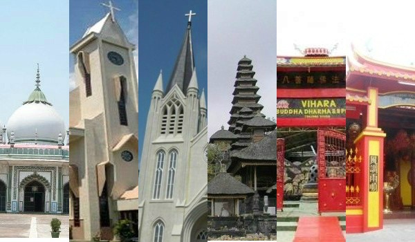 Imagem dos diversos templos religiosos presentes na Indonésia