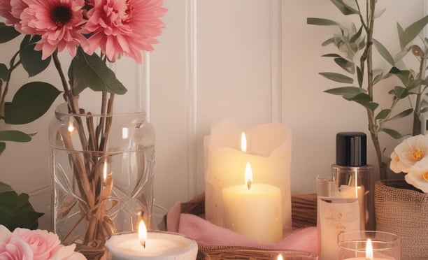 A collection of beauty and skincare products is arranged on a surface, including bottles of oils and serums, cosmetics like lipstick and blush, makeup brushes in a holder, and a lit black candle adding ambiance. The setup is accompanied by cotton swabs, emphasizing a self-care or beauty routine theme.