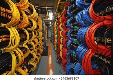 a large array of cables and wires in a server room