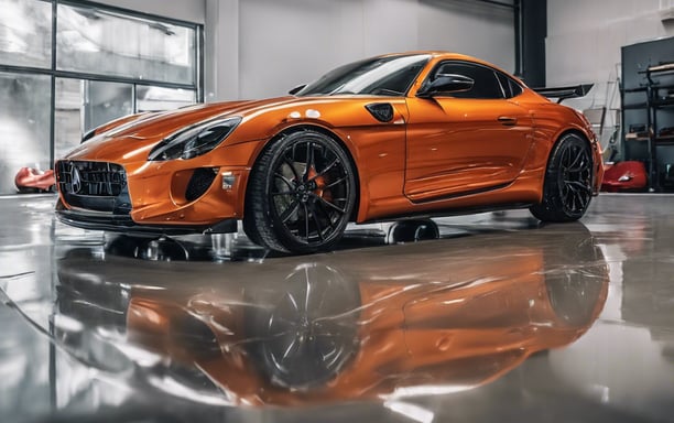 A red sports car parked in a dark garage