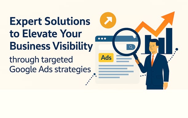 Illustration showing a marketing professional analyzing Google Ads performance with growth charts.