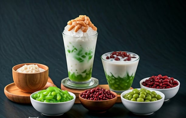 Chendol ice ingredients; coconut milk, red beans, palm sugar, pandan jelly