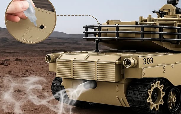 Tanque a control remoto Abrams echando humo