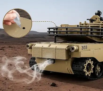 Tanque a control remoto Abrams echando humo