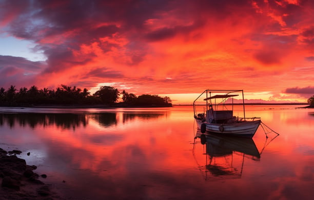 a boat in the water at sunset