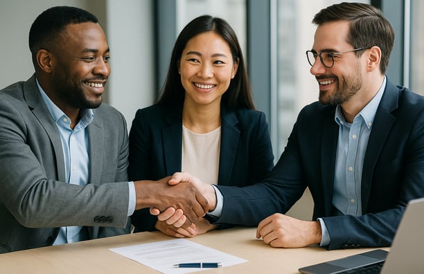 Three diverse business professionals smiling and shaking hands around a contract in a modern office, representing successful 