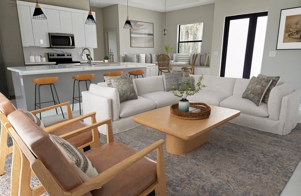 Digitally staged view of living room and kitchen with sofa, dual color kitchen cabinets, calacata 