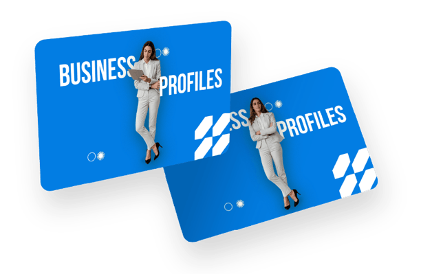 Bildsample für Business Profile mit einer Frau mit Tablet in blauen Hintergrund