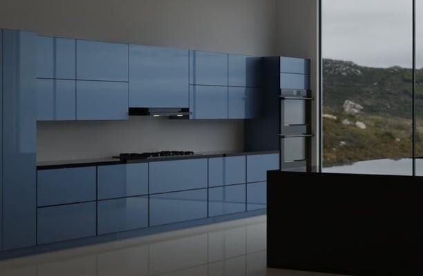 a kitchen with a table and chairs and a view of the mountains