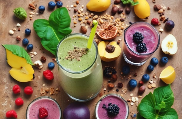 A container of organic pea protein powder sits on a kitchen counter alongside freshly baked muffins and scattered blueberries. The scene is set on a wooden cutting board, surrounded by a striped kitchen towel and a muffin tray. The overall setting suggests a cozy home kitchen environment.