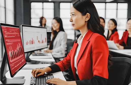 a woman in a red suit is sitting at a desk with a computer monitor us AI Tools