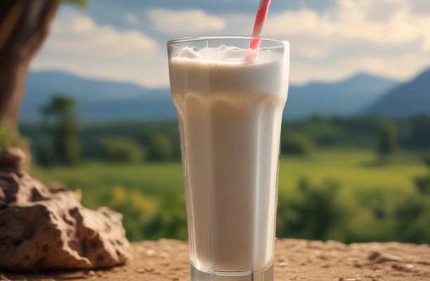 A container of protein powder with a white label displaying the word 'PROTEIN' and an icon of a flexed arm. The container has a black lid and is placed on a flat surface. In front of it, there is a scoop partially filled with the powder, some of which is spilled on the surface.