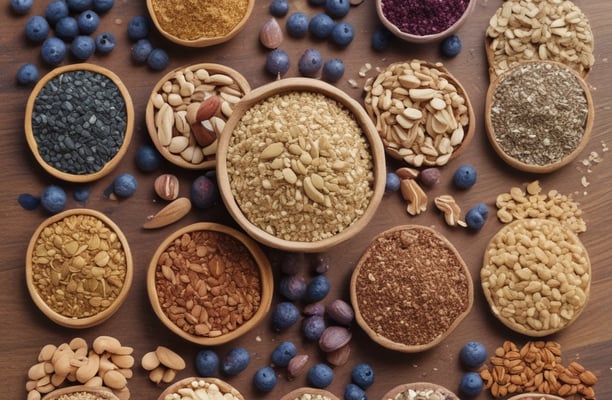 A packet of vegan protein powder is displayed on a kitchen countertop next to a red shaker bottle. The label on the packet reads 'Sprouts Vegan Protein, Salted Caramel flavored' and specifies features like easy to digest, gluten-free, and soy-free. The background is a blurred kitchen setting with dim lighting and a hint of a green plant.