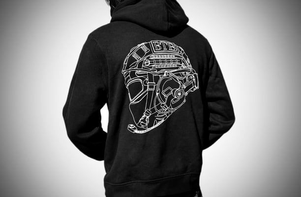 Helmet diagram on black hoody