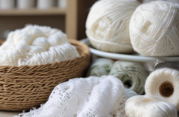 Several skeins of plush, velvet-like yarn are stacked together. The yarn is in soft, muted colors like lavender, cream, blush pink, and light brown. The setting appears cozy, with the yarns placed on a woven fabric surface and wooden background, suggesting a crafting or knitting environment.