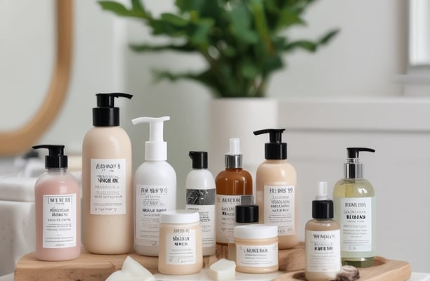 A collection of wellness products is displayed, including a brown glass dropper bottle with a blue label, jars with cream-colored labels, a small bowl with powder, and several capsules scattered on a light surface. Packaging with minimalist design features the brand 'beam' and labels such as 'clarity,' 'the fixer,' and 'revive.'