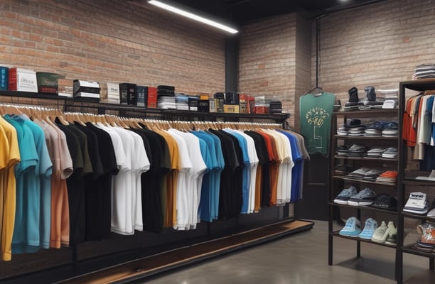 A storefront display of T-shirts, featuring various designs. The shirts depict famous characters with a twist, Mexican cultural symbols, and humorous or bold statements. There's a blend of black, white, and colorful tees, some with logos and others with illustrations. The reflection of the street and people can be seen in the glass.