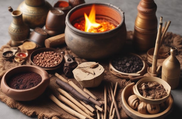 A collection of incense sticks and red candles is set up outdoors, possibly for a ritual or offering. Papers with text, some partially burnt, and various objects including fruits and packaged items are placed on the ground. The setting is dimly lit, providing a solemn and reflective atmosphere.