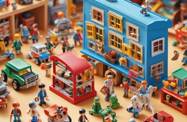 Handcrafted toys made of natural materials such as wood and straw are arranged on a street. The toys include colorful giraffe figures and cylindrical percussion instruments, displayed on a stone sidewalk near a tree.