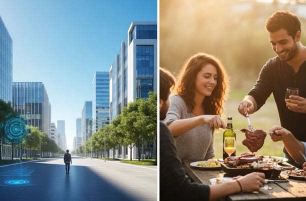 a man and woman eating food in a city