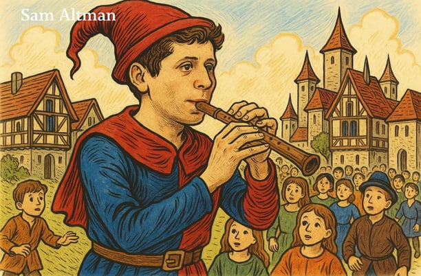 Sam Altman Flautista de Hamelín in a red hat playing a trumpet