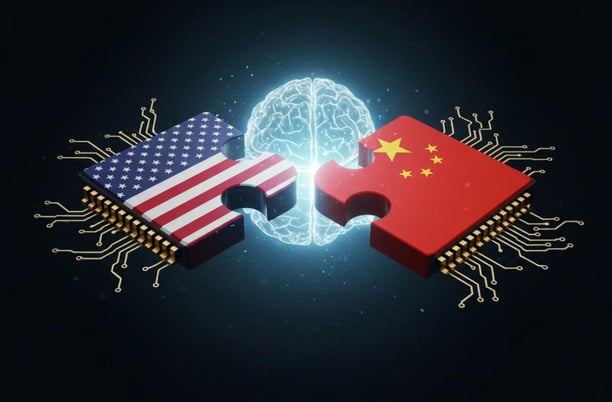 China versus USA a puzzle piece of puzzle pieces with a brain map of the world