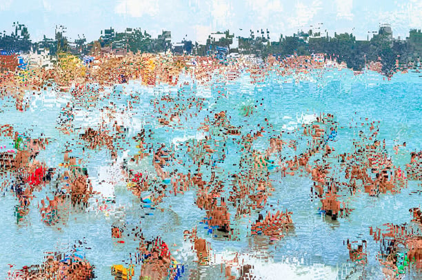 a large group of people are gathered around a large body of water