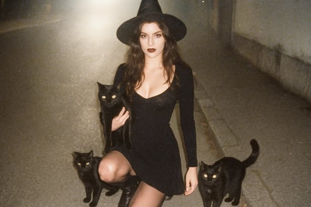 Une sorcière entourée des ses chats noirs pour la journée internationale du chat noir.