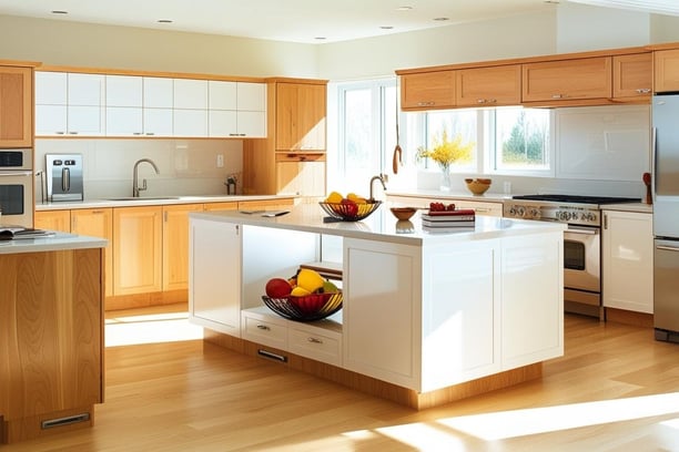 a kitchen with a large island and a bowl of fruit