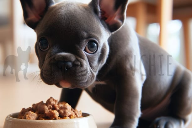 Bulldog Frances Blue Tan comiendo