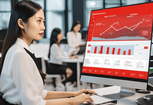 AI a woman sitting at a desk with a monitor and a monitor screen