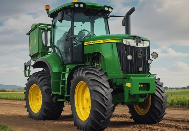 A Caterpillar agricultural tractor with large rubber tracks is parked on grass. The machine has a sleek yellow and black design, with the recognizable CAT logo on the side. The tractor features a spacious cabin with large windows and various machinery parts are visible.