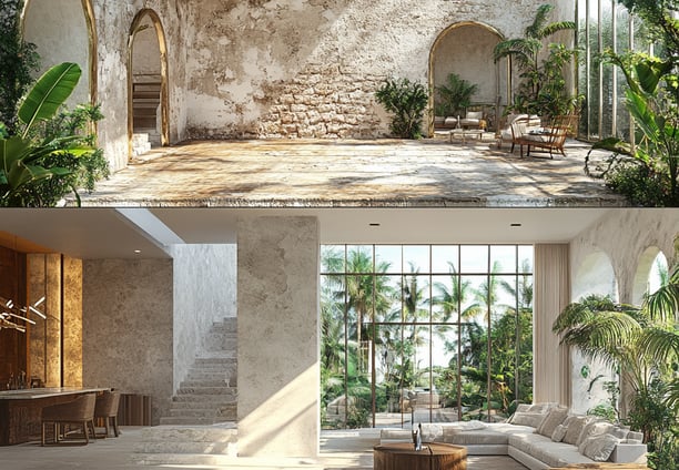 Renovacion arquitectónica: restauración de espacio antiguo a sala moderna con diseño tropical