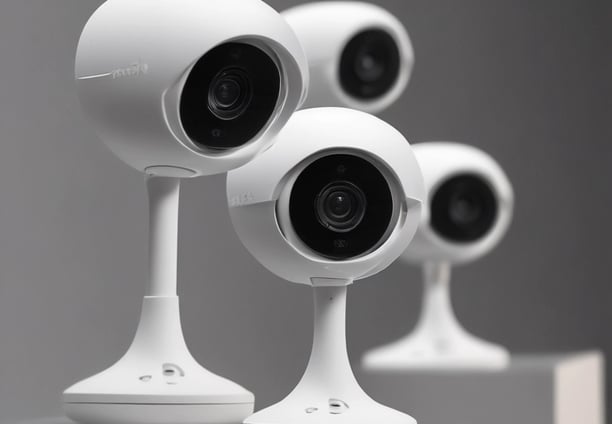 Four spherical security cameras with a glossy white finish are positioned in a row, each featuring a prominent lens and the brand name 'Briton' visible on their bases. The background is dark, contrasting with the brightly lit cameras.