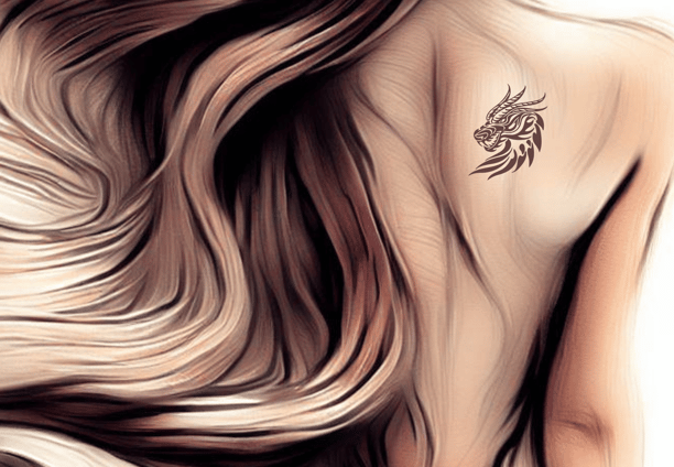 AI generated sepia image of a woman with long flowing hair and a tattoo on her shoulder