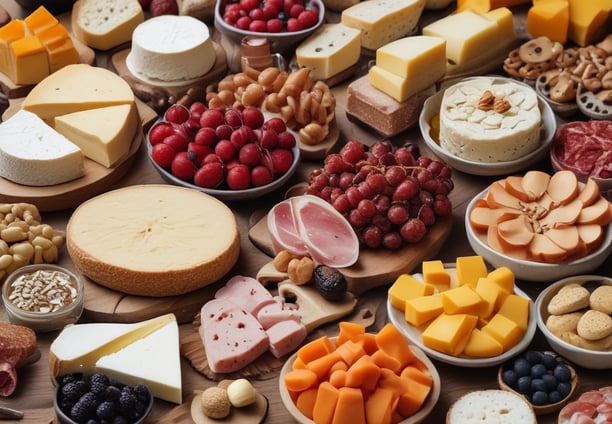 An assortment of charcuterie items artfully arranged in a box, featuring a variety of cheeses, cured meats, grapes, cherry tomatoes, leafy greens, and small skewers. Several jars are seen in the background, possibly containing dips or condiments.