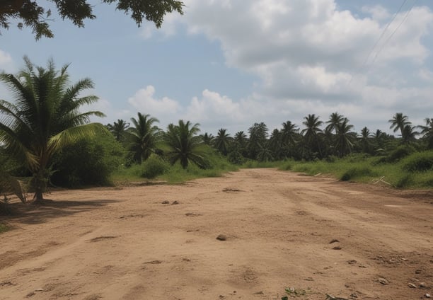 A weathered brick building facade features an artistic mural on its garage door, depicting a busy scene in greyscale. Vines grow over the white wall and the old wooden door in the center, providing a touch of greenery. An old, faded sign above the mural reads 'Real Estate.' The setting is illuminated by sunlight.
