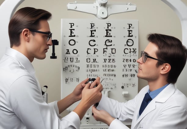 A modern eyewear store with several display tables featuring a variety of eyeglasses. The store has a sleek design with bright ceiling lights, digital screens, and branded displays. Customers are browsing and trying on glasses. A sign offering a free eye test hangs from the ceiling.