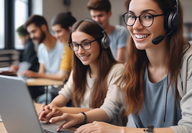 a woman in a headset with a headset and a headset