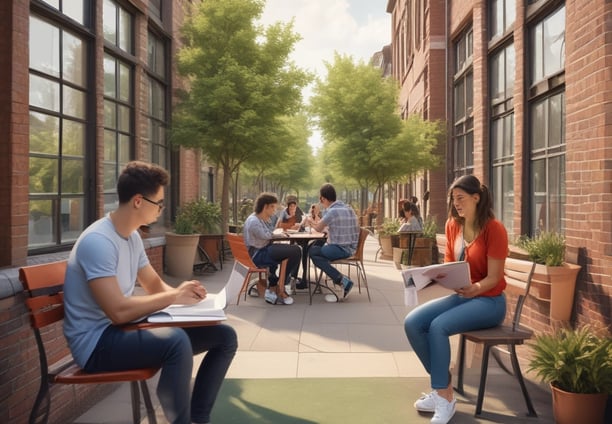 a group of people sitting on a bench in a courtyard