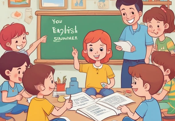 A young child and an adult are sitting at a wooden desk in a classroom, focusing on some written materials. The adult is holding a notebook and appears to be helping the child, who is intently looking at papers on the desk. Nearby are pencils and other school supplies.