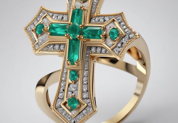 A close-up view of an intricately designed piece of jewelry featuring a large, raw green gemstone. The gemstone is encased in a silver-colored metal setting with swirling patterns and small decorative silver balls.