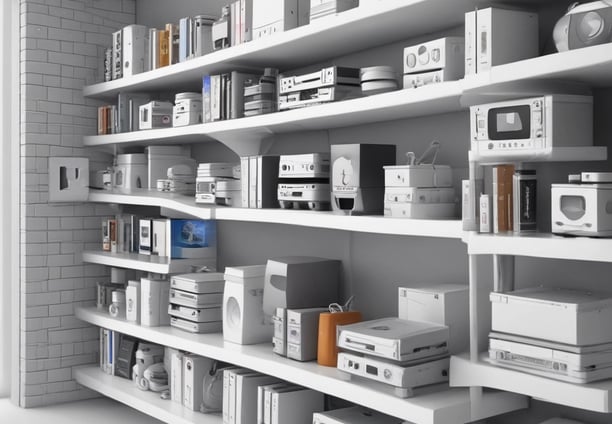 A modern electronics store features a sleek white computer with a large monitor, keyboard, and mouse positioned on a wooden table. The background showcases a wall display of various electronic accessories in white packaging, arranged neatly in rows. The room is illuminated by bright circular ceiling lights, giving a clean and modern ambiance.